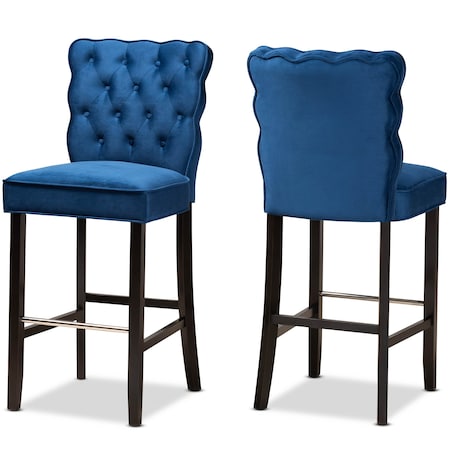 Baxton Studio Daphne Modern Navy Blue Velvet and Dark Brown Finished Wood 2-PC Bar Stool Set 183-11010-Zoro